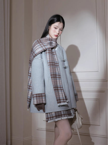 Fur edge plaid jacket + skirt【s0000005806】