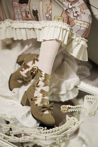 MR.Qiutian - Muse Kiss - Elegant Lolita Shoes Lace-up Bow Heels Round Toe