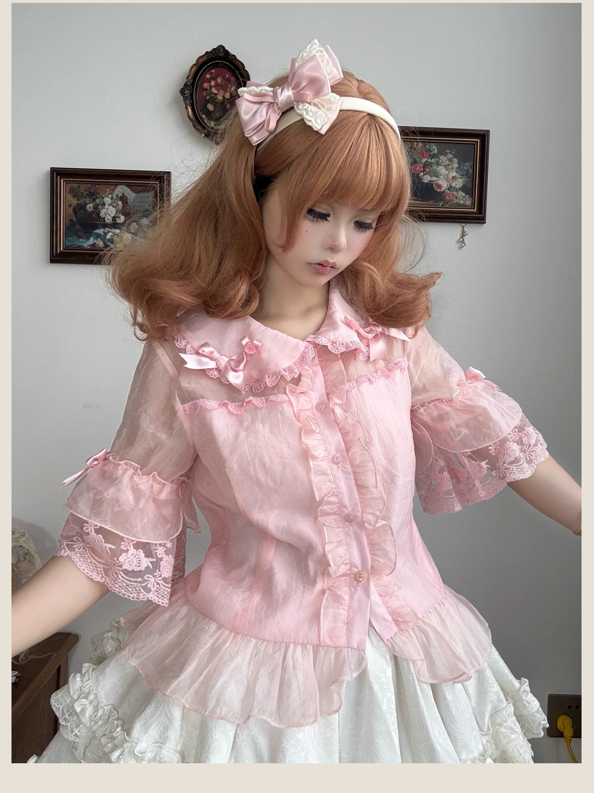 TaTaTa Lolita - Flower Wall - Sweet Lolita Blouse Chiffon Kawaii Half-Sleeved Shirt