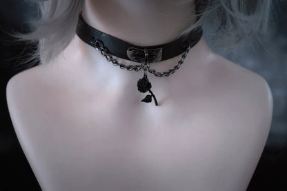 Strange Sugar - Gothic Lolita Choker Faux Leather Rose Pendant Necklace