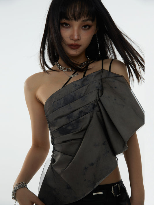 Pleated Shoulder Strap Asymmetry Camisole