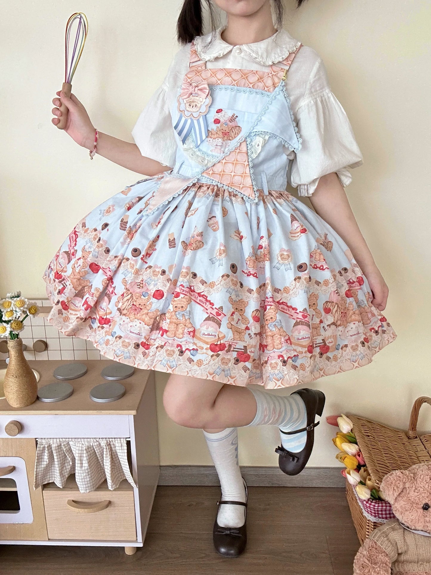 White Tea Story - Little Bear Bonny - Kawaii Lolita Salopette, Bear & Dessert Print