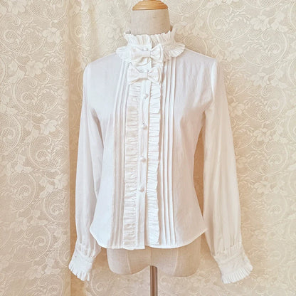 Youlan Lane - Winter Cotton Lolita Blouse White Long Sleeve Stand Collar Shirt