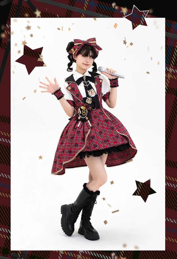 Forest Fluorescent Carps - IP Collab Sweet Lolita Performance Outfit Red Plaid JSK Full Set