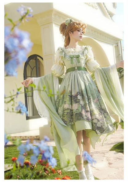With PUJI - Blooming Rose - Chiffon Classic Lolita Dress Set Painting Styled OP & JSK
