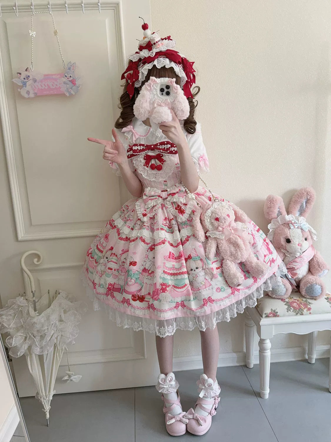 Hanguliang - Cherry Bake Song - Kawaii Lolita JSK Dress With Dessert Print & Cherry Bow
