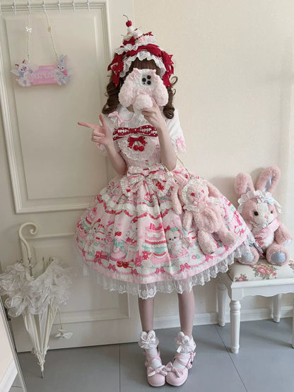 Hanguliang - Cherry Bake Song - Kawaii Lolita JSK Dress With Dessert Print & Cherry Bow