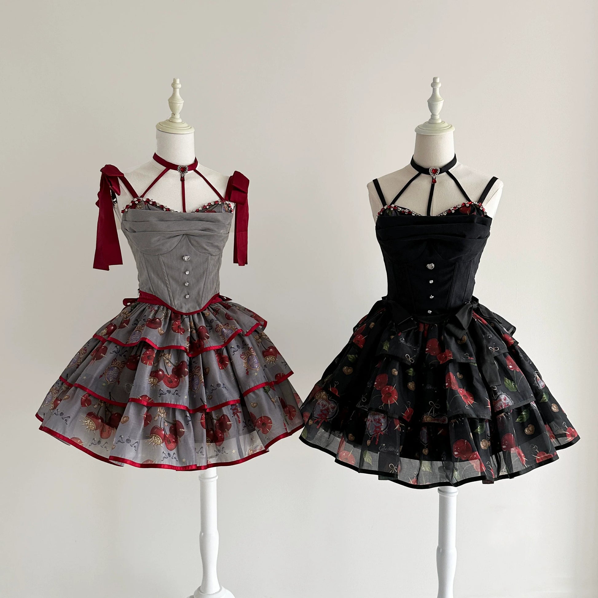 Gloaming - Sweet Lolita Cherry print Short Sleeve OP and SK Set
