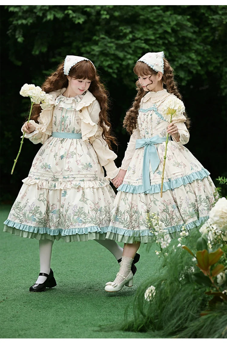 With PUJI - Oriole Time - Country Lolita JSK and OP Dress, Floral and Bird Print