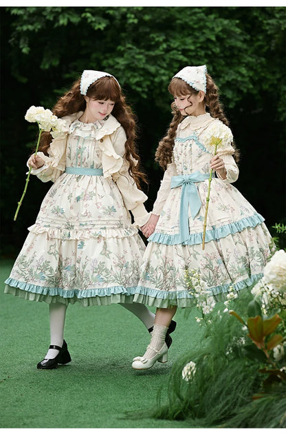 With PUJI - Oriole Time - Country Lolita JSK and OP Dress, Floral and Bird Print