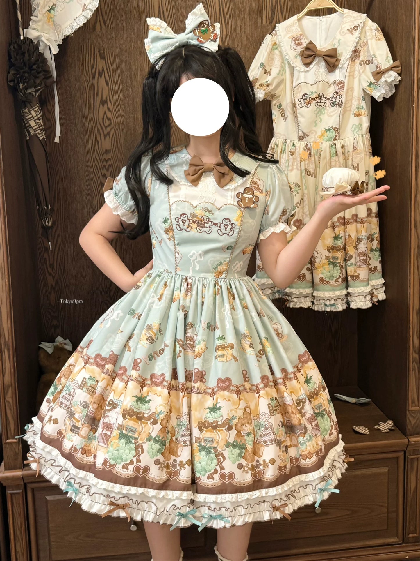 Babyblue - Little Bear Honey Jar - Kawaii Lolita Short Sleeve OP Gingerbread Man Embroidered Dress
