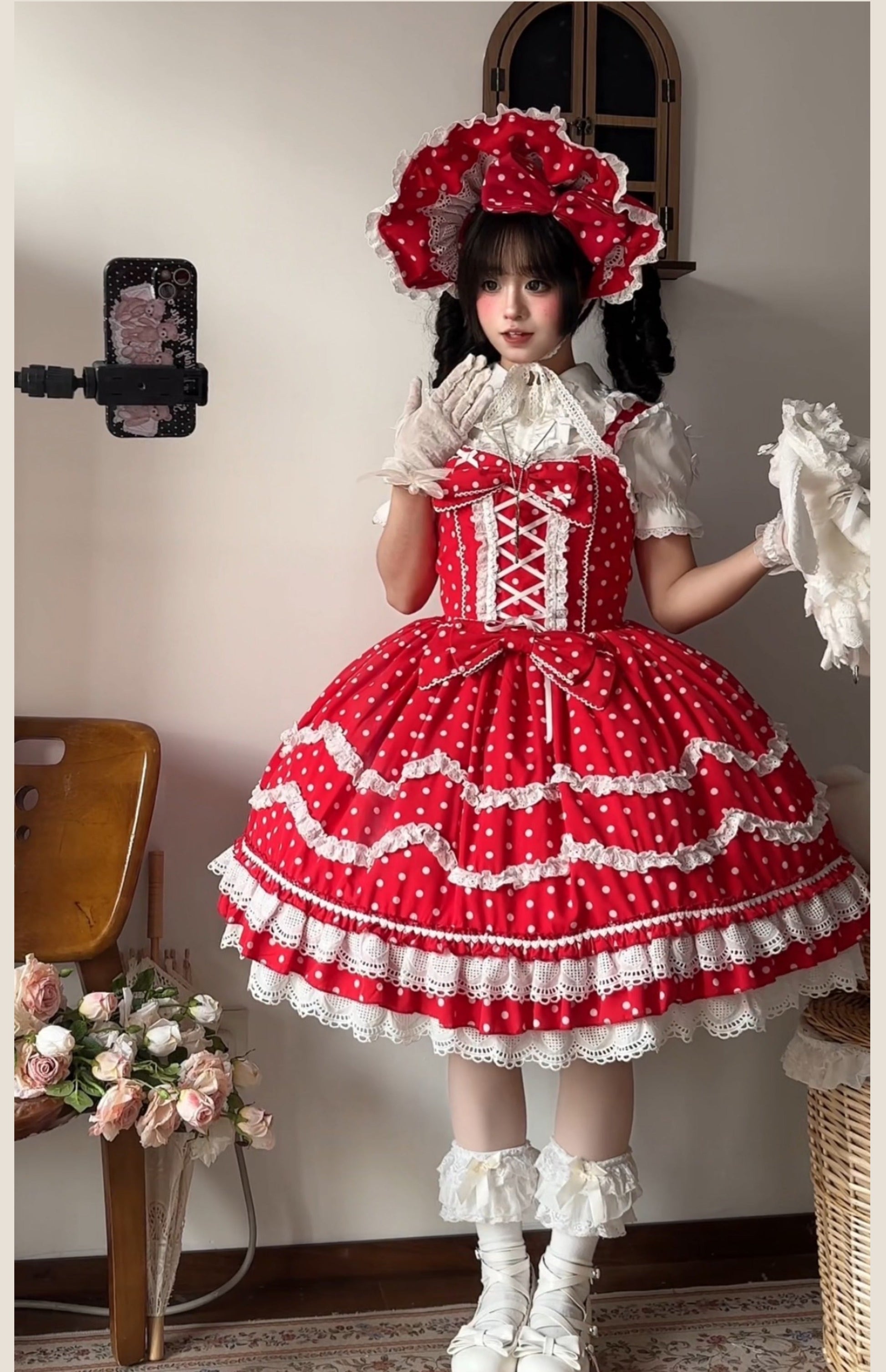 TaTaTa Lolita - Polka Bailys - Old School Lolita JSK Suit Red White Polka Dot Dress