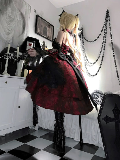 Cornfield Lolita - Rose Blood - Black Red Gothic Lolita JSK Jacquard Court Dress