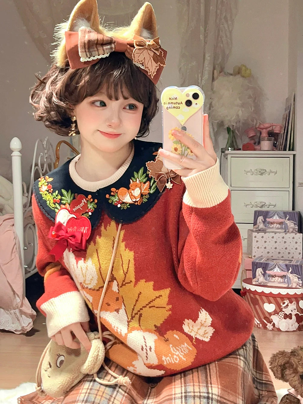 Miss Point - Chubby Fox in the Forest - Kawaii Lolita Accessories Knitted Fox Scarf Embroidered Faux Collar