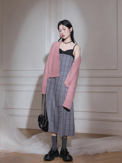 Plaid dress + pullover shirt set【s0000007222】