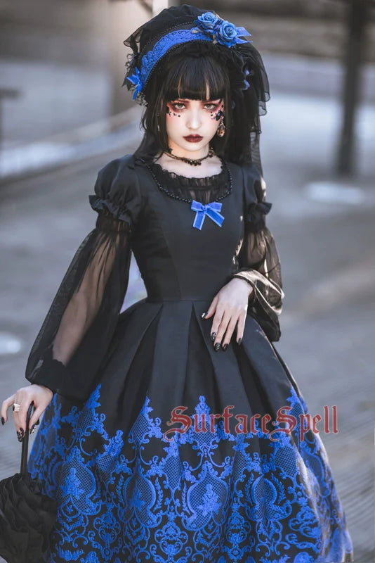 Surface Spell - Nocturne - Custom Gothic Lolita Dress Brocade Puff Sleeve Dress