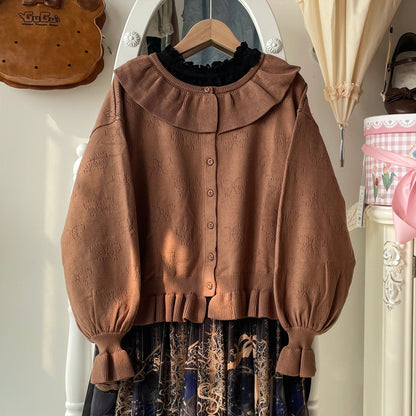 MIST - Vintage Lolita Bow Hollowed-out Sweater Ruffled Cardigan