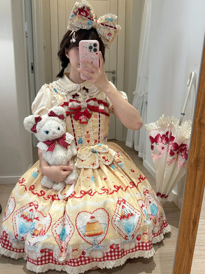 DreamWhale - Showa Dessert Showcase - Kawaii Lolita Dress Suit Pudding-Inspired JSK/Salopette