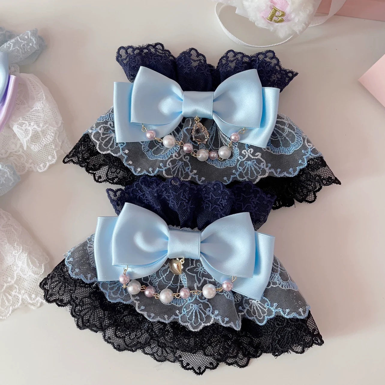 CheeseCat - Sweet Lolita Lace Cuffs Seashell Embroidery Ribbon Bow