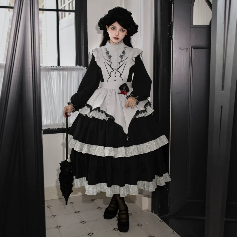 With PUJI - Castle Night - Gothic Twins Lolita OP Three-tiered Embroidery Dress