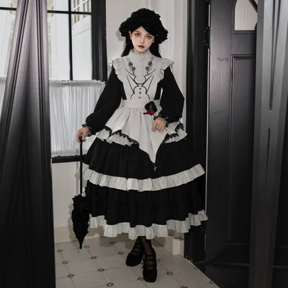 With PUJI - Castle Night - Gothic Twins Lolita OP Three-tiered Embroidery Dress