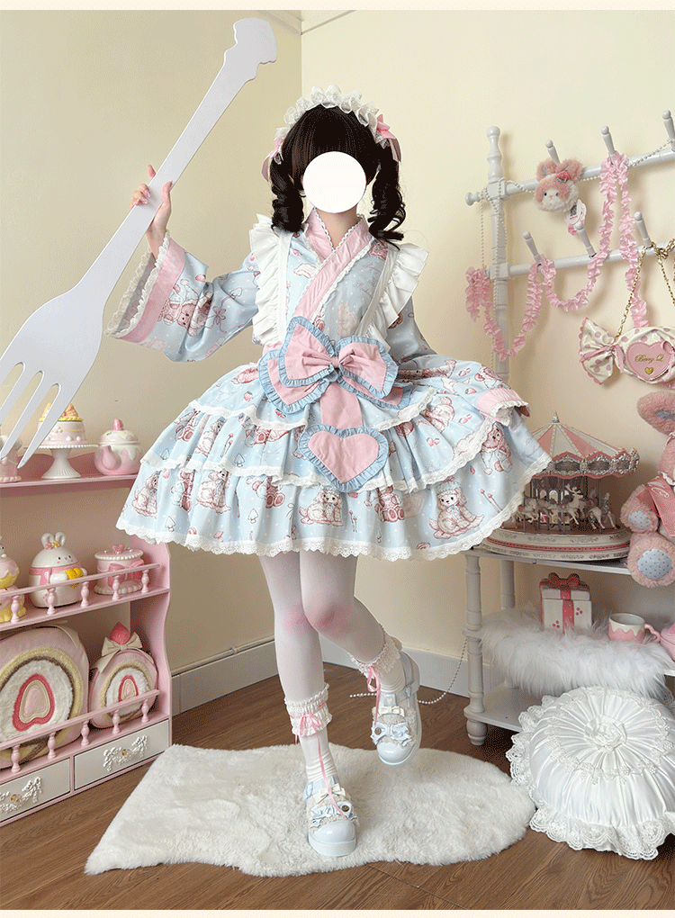Niu Niu - Showa Moe Bear - Plus Size Wa Lolita Dress Set Kawaii Lolita SK Suit