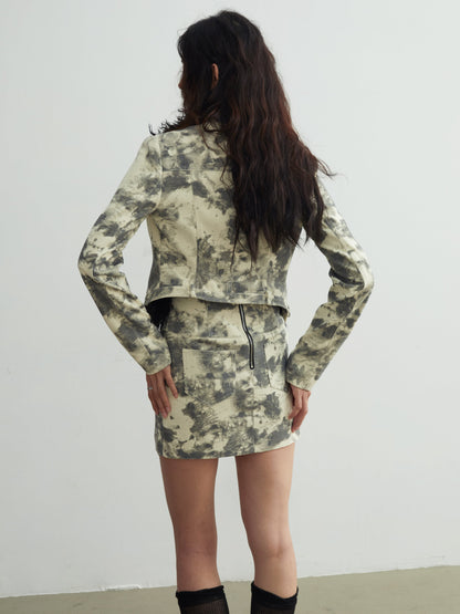 Fur Collar Tie-dye Printed Short Coat