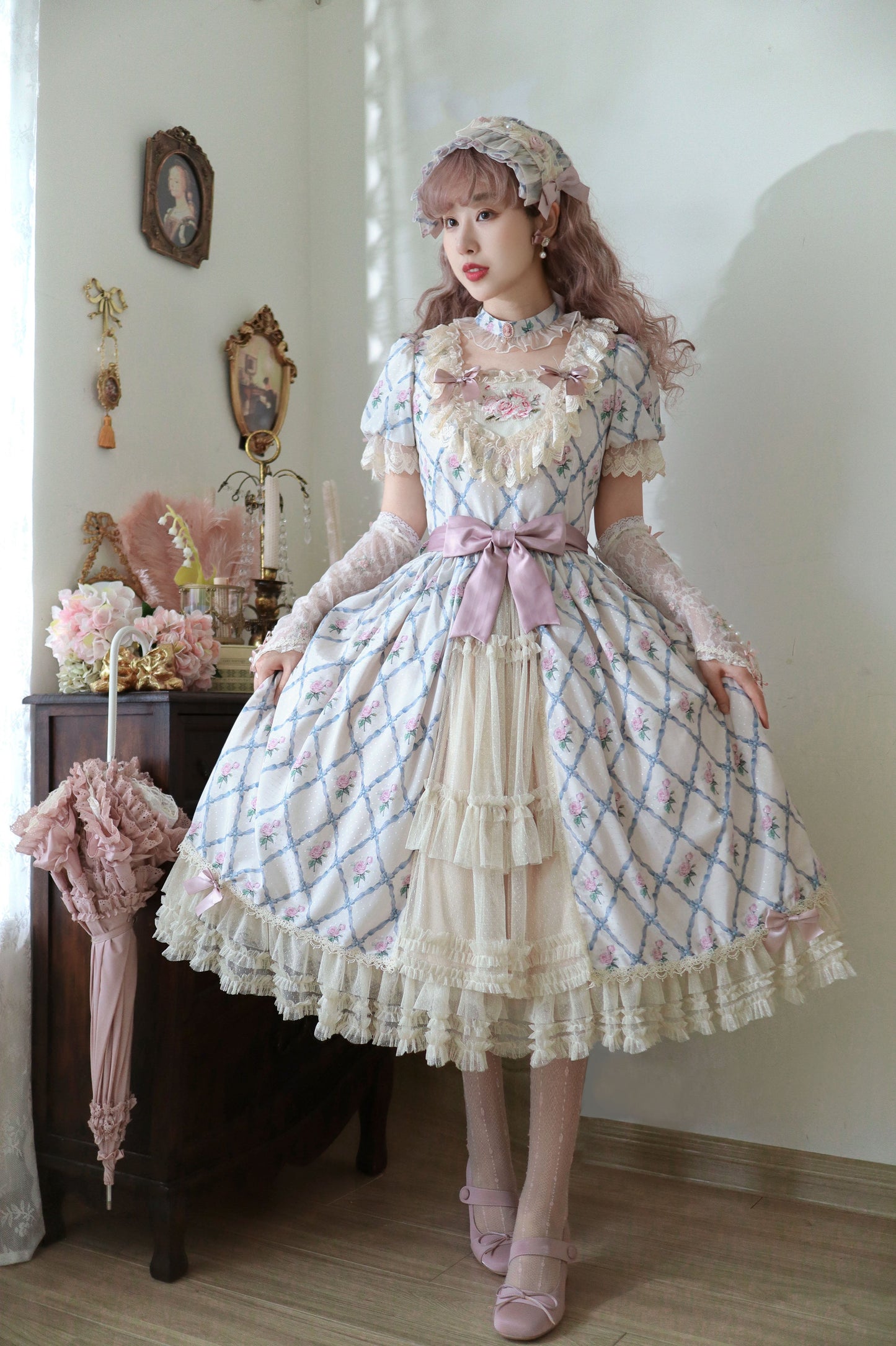 Moon River - Elegant Lolita OP Dress Short Sleeve Square Neckline Print Dress