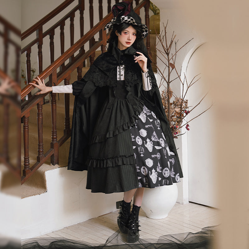 With Puji - Pilgrim - Black Gothic Lolita Cape, Detachable 2-Piece