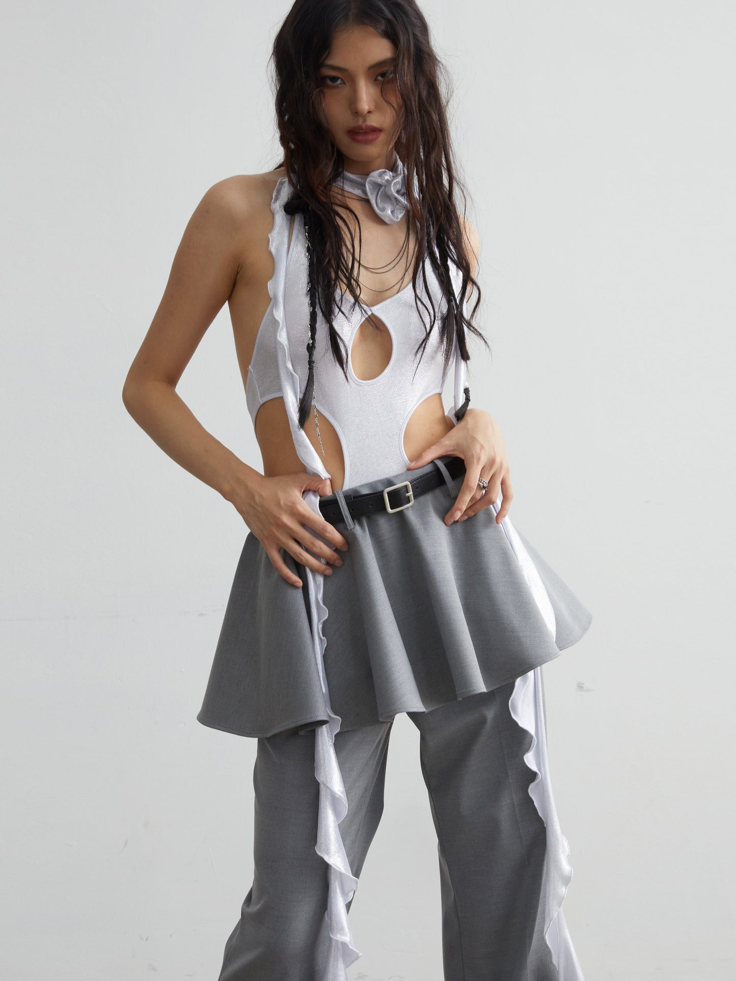 Metallic Silver Hollow Sexy Stretch Bodysuit