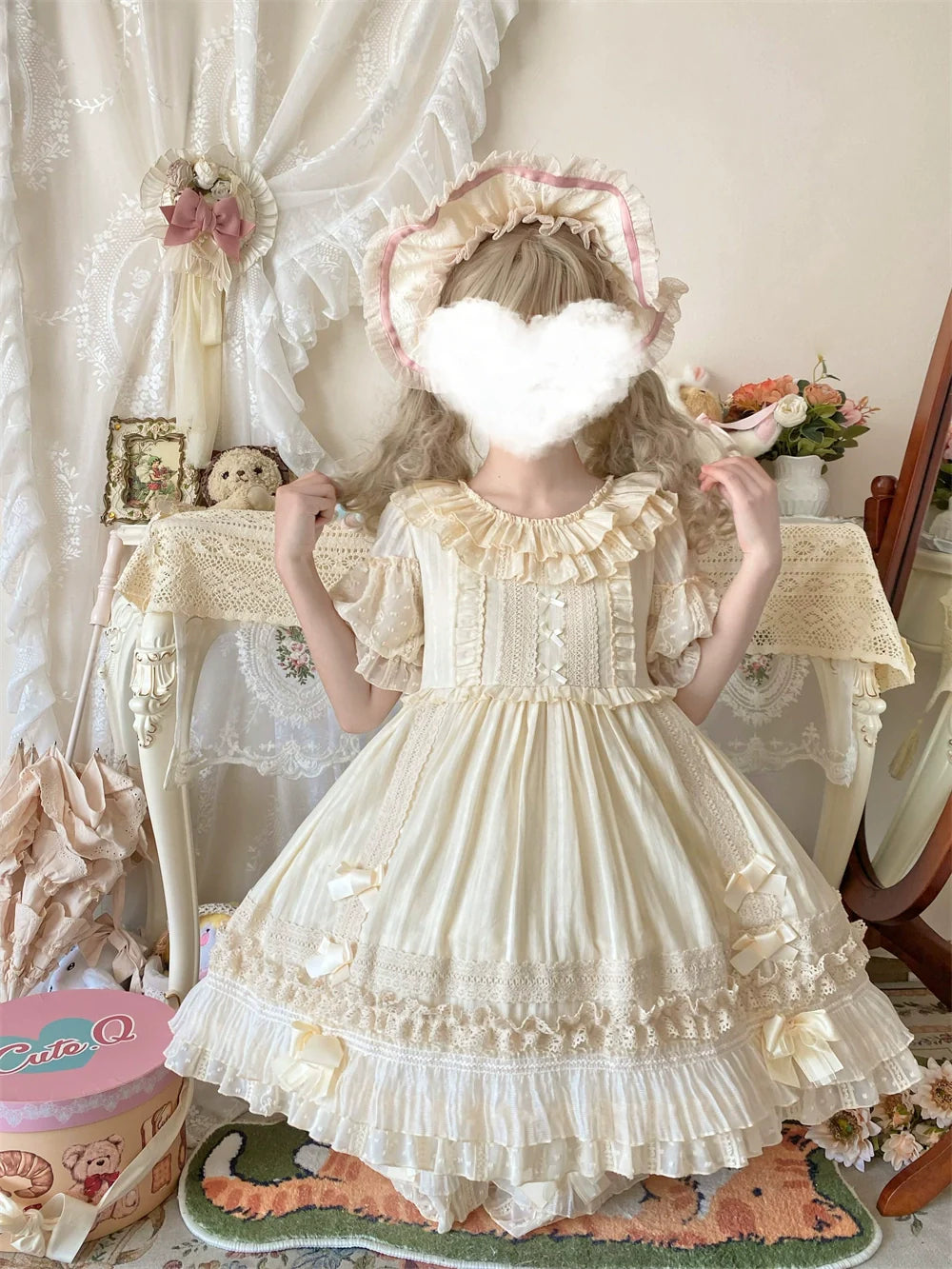 Ilovexiaolu - Meow Lullaby - Cotton Kawaii Lolita OP Dress with Removable Kitty Apron