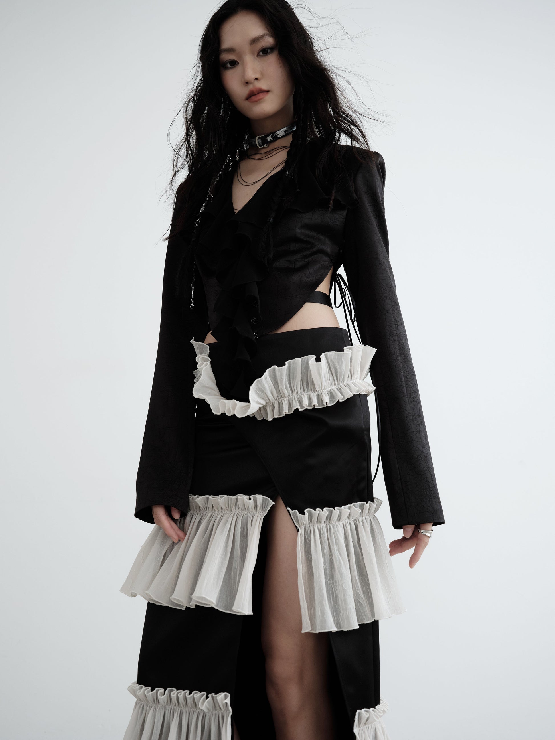 Waist Exposed Pleated Textured Satin Short Jacket