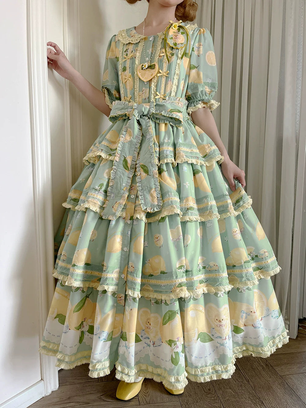 Miss Point - Lemon Chick - Country Lolita Printed OP With Button Front