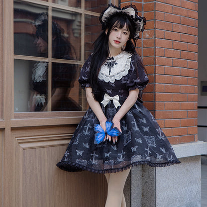 With PUJI - Gothic Butterfly Printing Embroidery Lolita OP