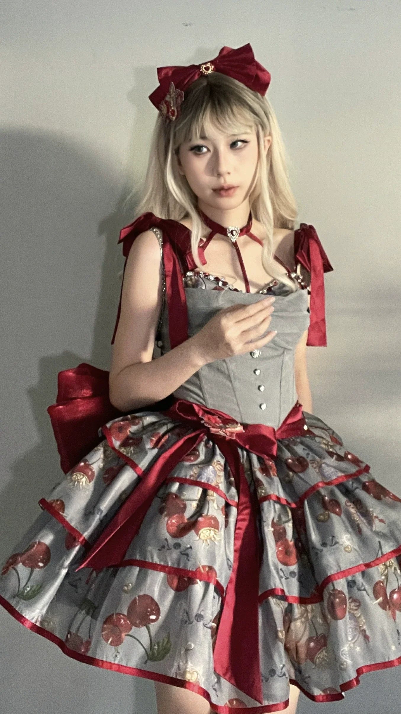 Gloaming - Sweet Lolita Cherry print Short Sleeve OP and SK Set