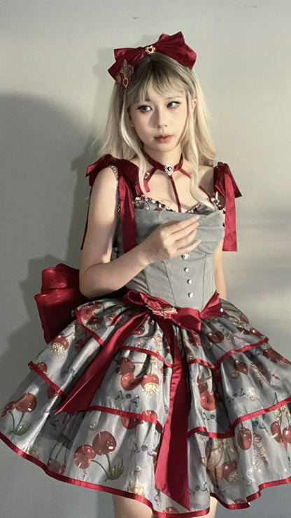 Gloaming - Sweet Lolita Cherry print Short Sleeve OP and SK Set