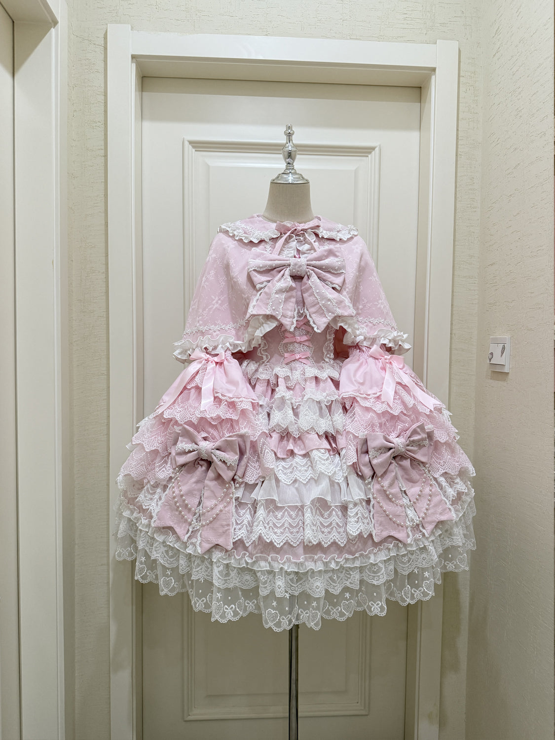 Hanguliang - Cross Heart Knot - Sweet Lolita JSK Suit Tiered Ruffles Dress with Lace Blouse