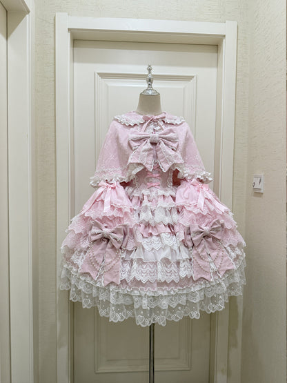 Hanguliang - Cross Heart Knot - Sweet Lolita JSK Suit Tiered Ruffles Dress with Lace Blouse