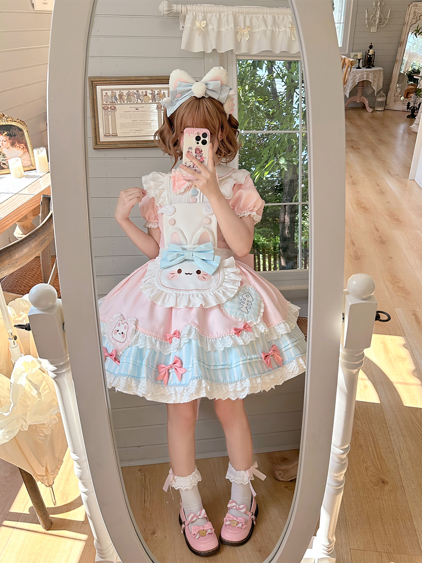 Jiuli Lolita - Nine Meow Bunny - Sweet Lolita Bunny Apron OP Dress, Back Zipper
