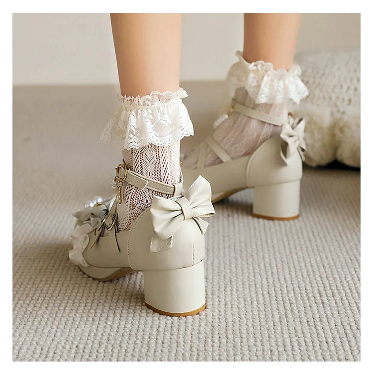 Yana - Round Toe Sweet Lolita Shoes, Detachable Pearl Chain