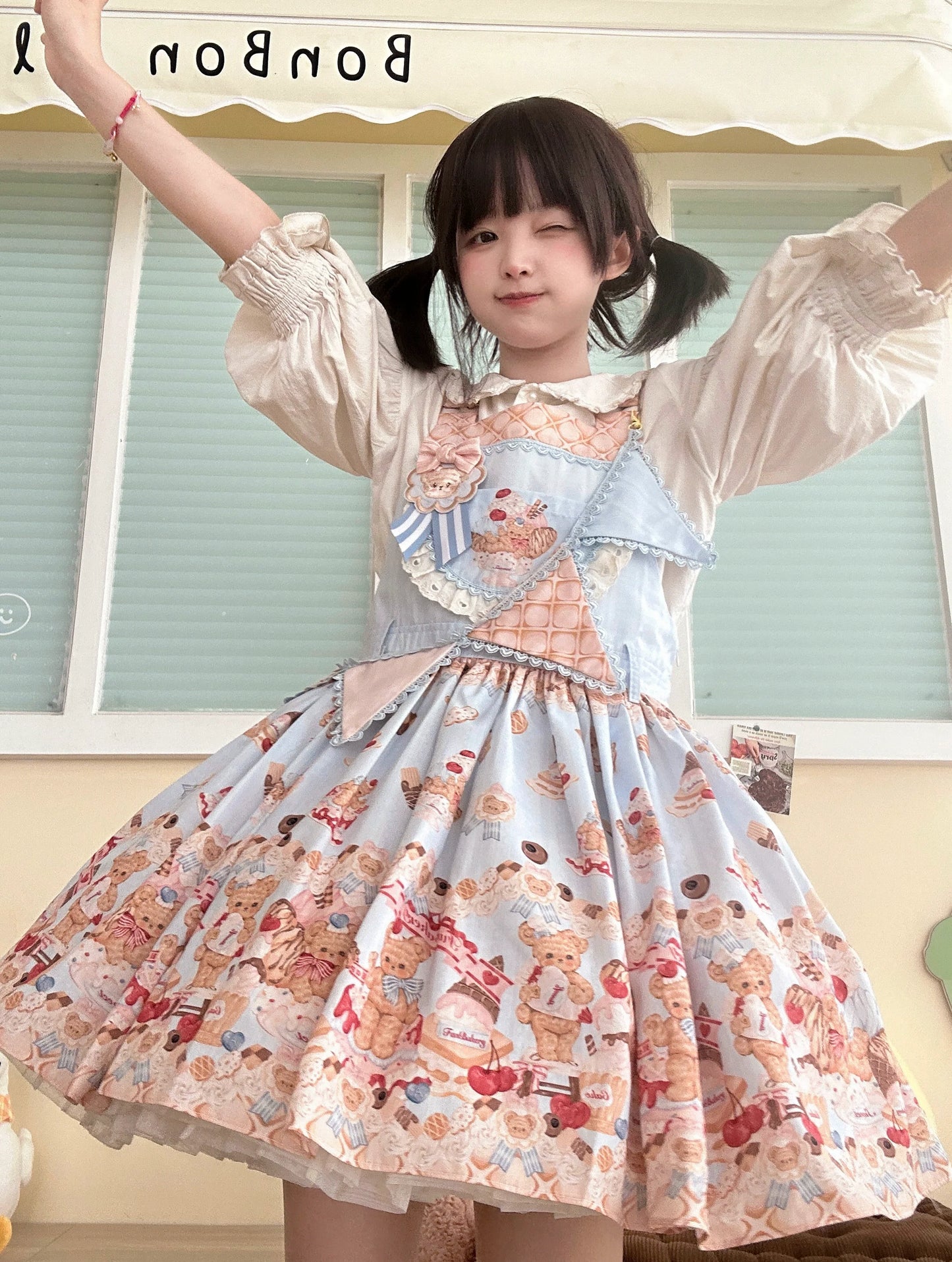 White Tea Story - Little Bear Bonny - Kawaii Lolita Salopette, Bear & Dessert Print