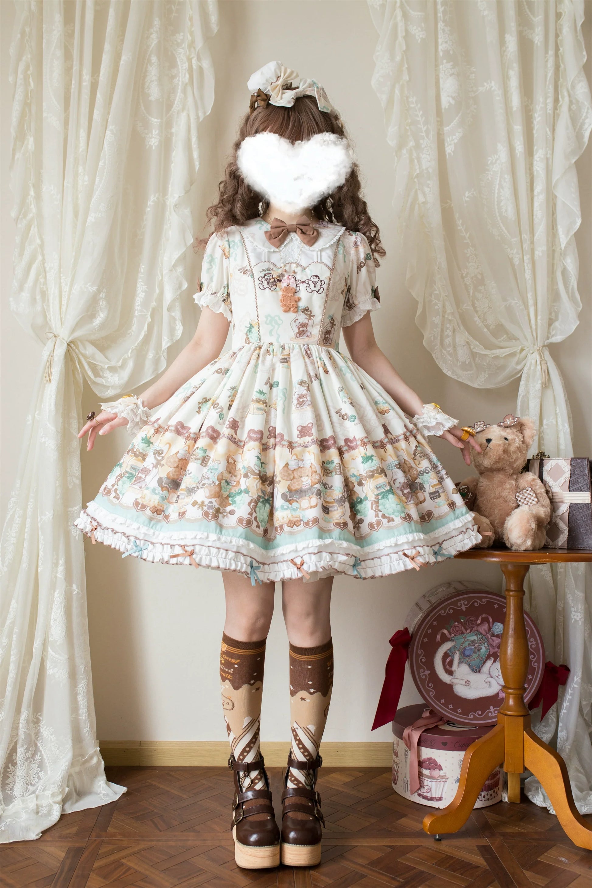 Babyblue - Little Bear Honey Jar - Kawaii Lolita Short Sleeve OP Gingerbread Man Embroidered Dress