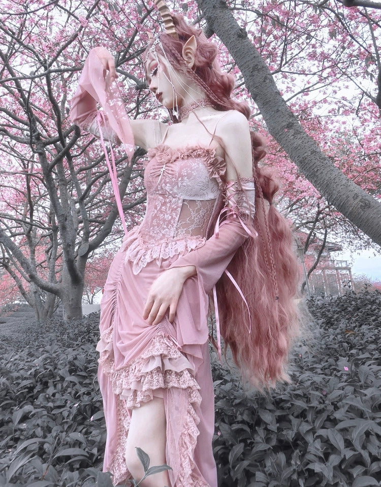 Blood Supply - Sakura Nightmare - Pink Gothic Velvet Drawstring Dress