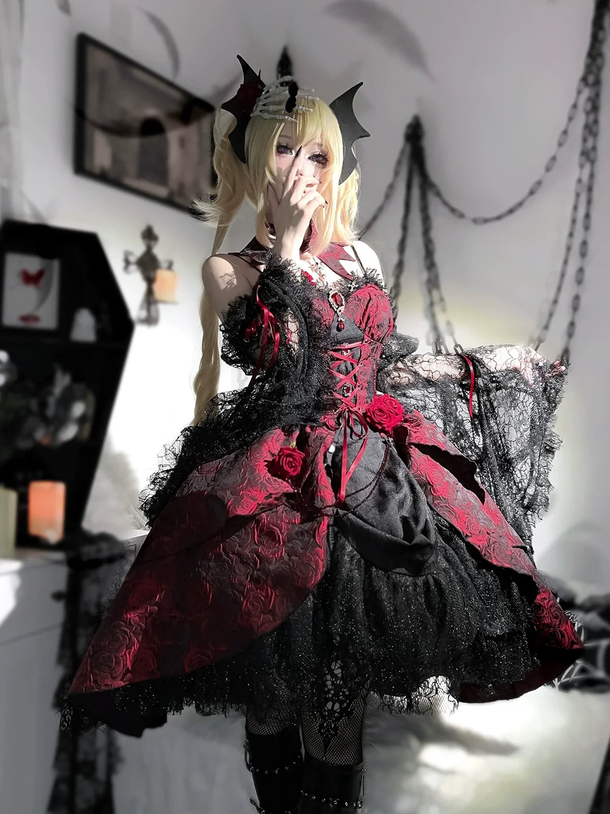 Cornfield Lolita - Rose Blood - Black Red Gothic Lolita JSK Jacquard Court Dress
