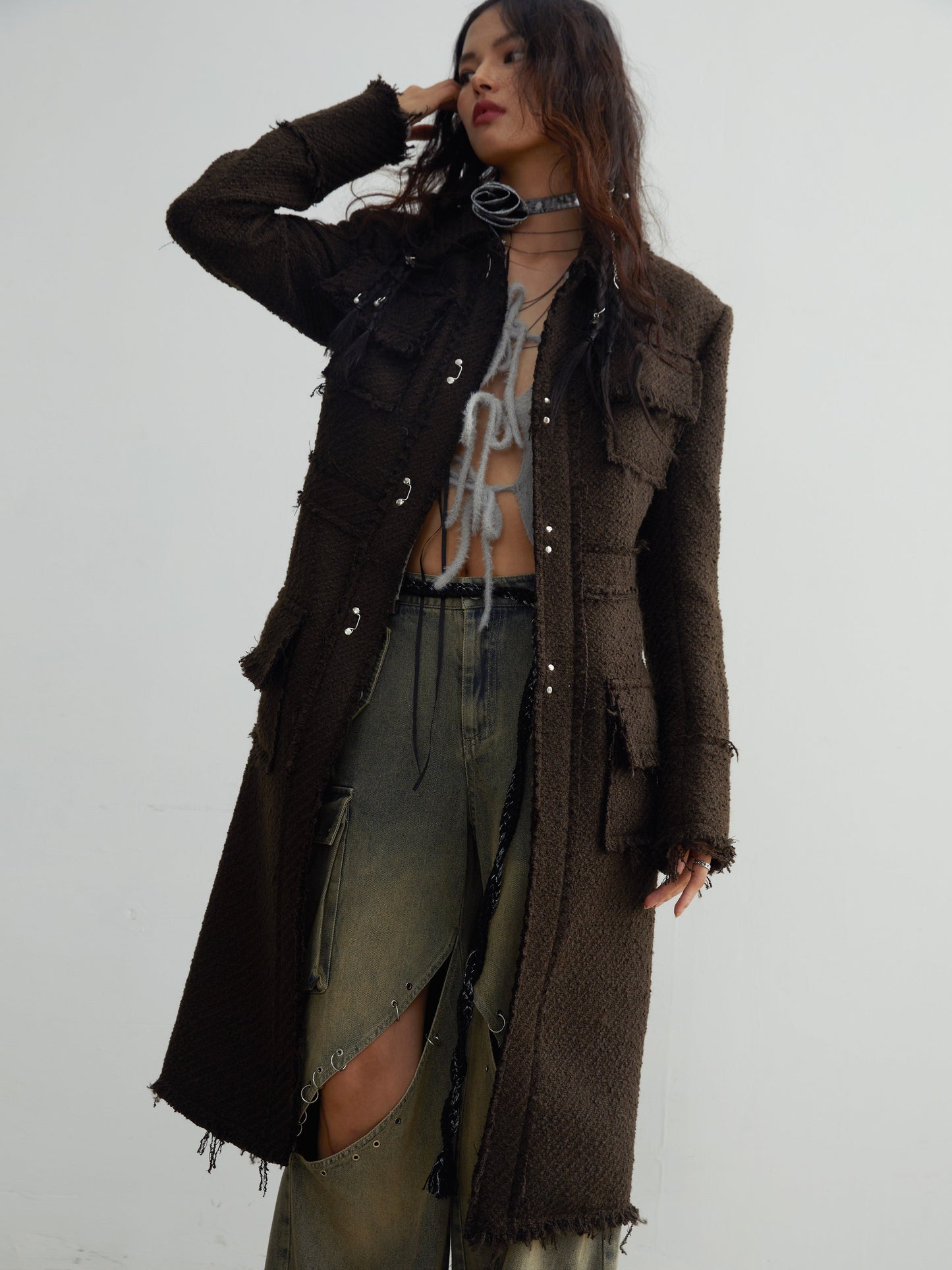 Raw Edge Long Tweed Texture Jacket