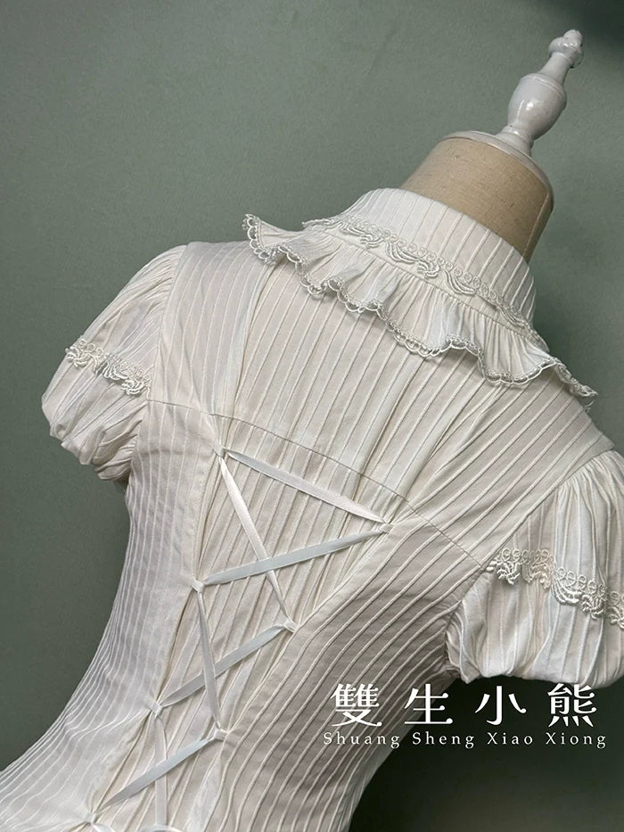 Shuang Sheng Xiao Xiong - Bite The Cake - White Sweet Lolita Blouse, Lace-Up Back