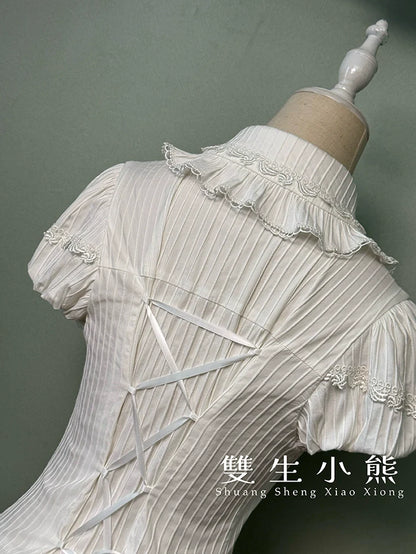 Shuang Sheng Xiao Xiong - Bite The Cake - White Sweet Lolita Blouse, Lace-Up Back