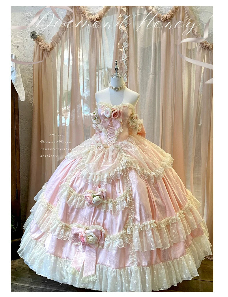 Diamond Honey - Love and Roses - Princess Bridal Wedding Lolita Dress With Rose Detail and Tiered Skirt