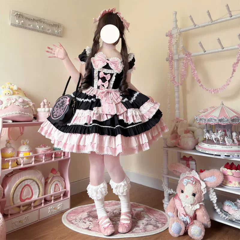 Hanguliang - Showa Flower Butterfly - Pink Sweet Lolita OP Dress With Bows & Lace Trim