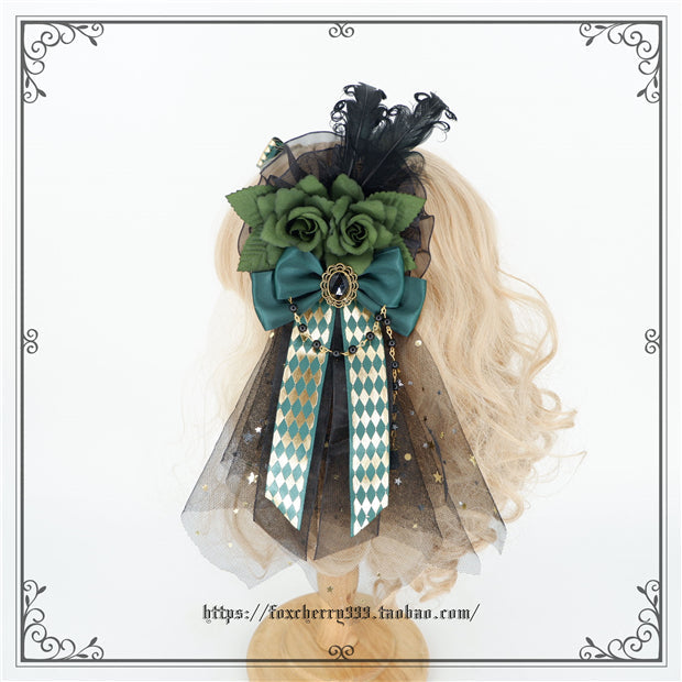 Fox Cherry - Green Lattice Rabbit Ear Bow Lolita Hat Headdress
